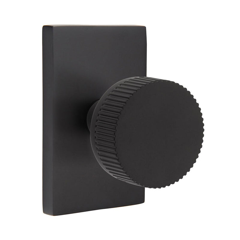 Emtek Select Conical Straight Knurled Knob with Modern Rectangular Rosette in Flat Black finish