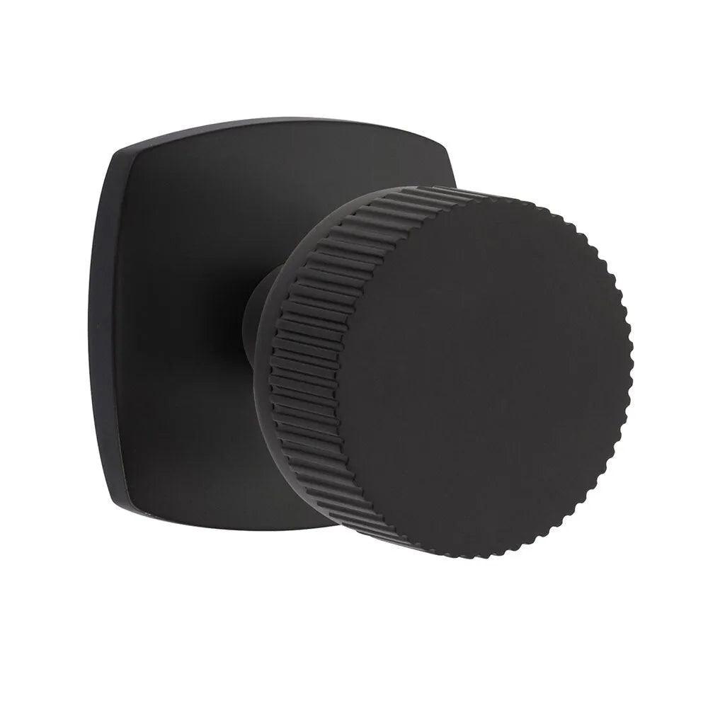 Emtek Select Conical Straight Knurled Knob with Urban Modern Rosette in Flat Black finish