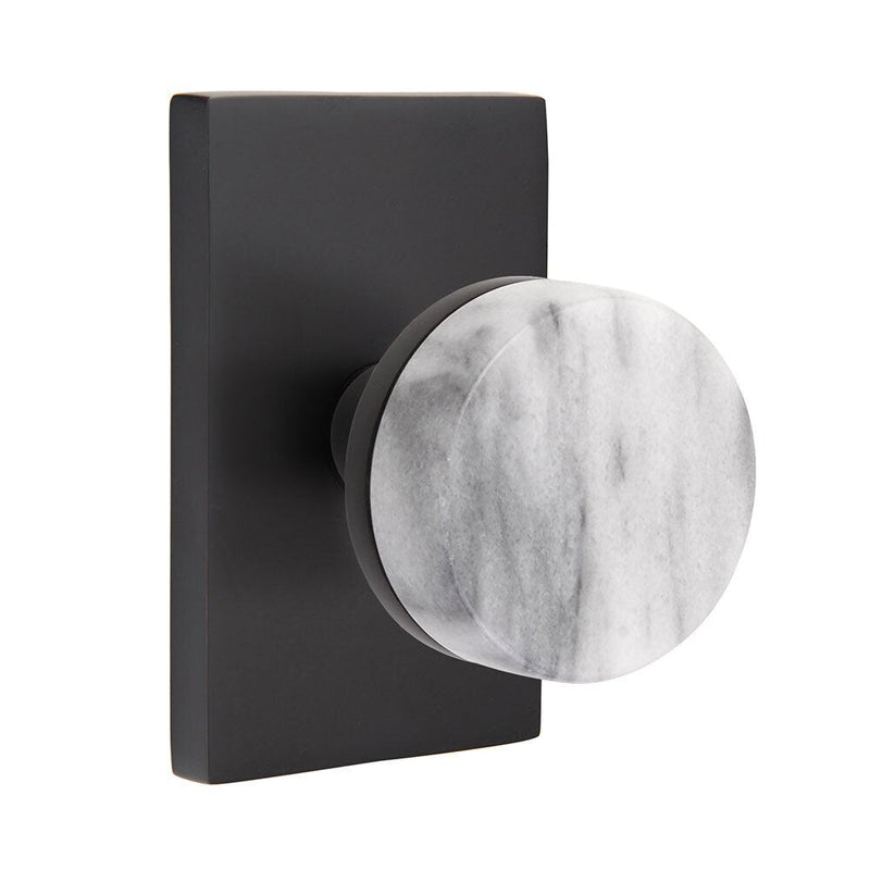 Emtek Select Conical White Marble Knob with Modern Rectangular Rosette in Flat Black finish