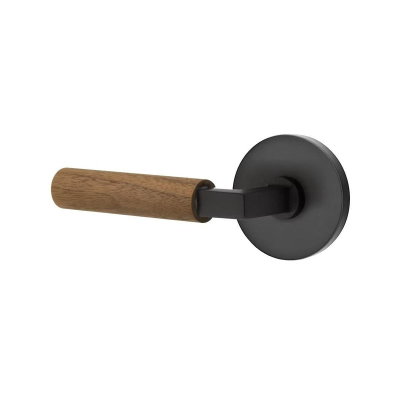 Emtek Select L-Square Dark Walnut Lever with Disk Rosette in Flat Black finish