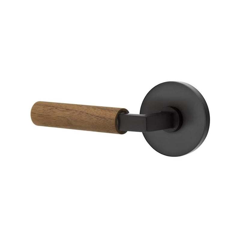 Emtek Select L-Square Dark Walnut Lever with Disk Rosette in Flat Black finish