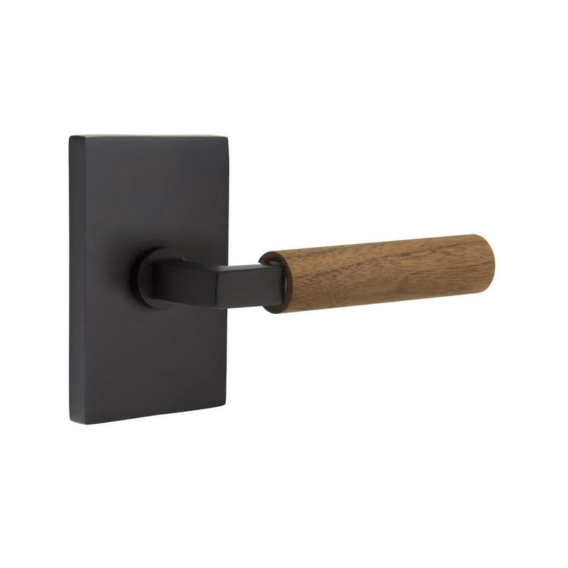 Emtek Select L-Square Dark Walnut Lever with Modern Rectangular Rosette in Flat Black finish