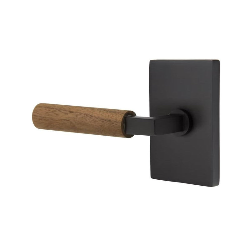 Emtek Select L-Square Dark Walnut Lever with Modern Rectangular Rosette in Flat Black finish