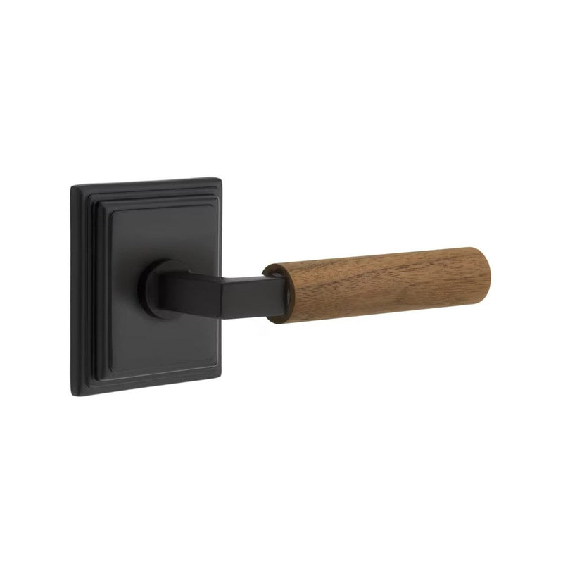 Emtek Select L-Square Dark Walnut Lever with Wilshire Rosette in Flat Black finish