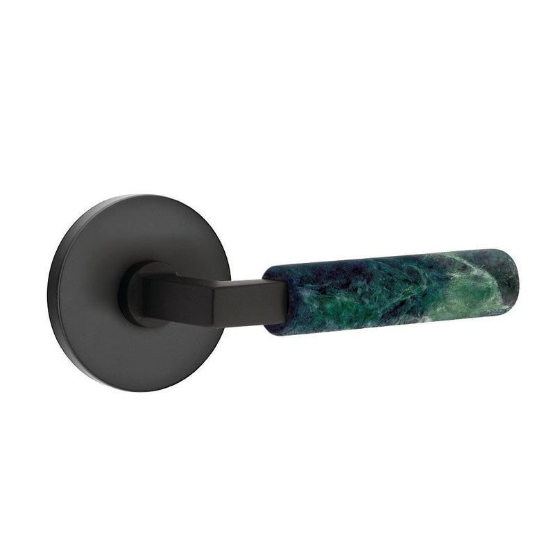 Emtek Select L-Square Green Marble Lever with Disk Rosette in Flat Black finish