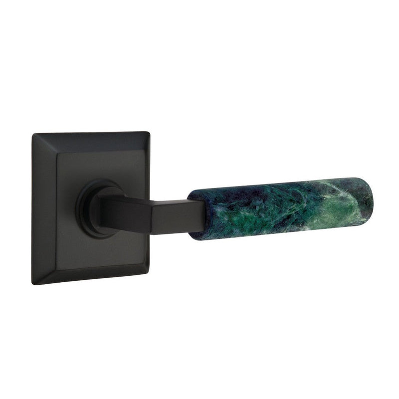 Emtek Select L-Square Green Marble Lever with Quincy Rosette in Flat Black finish