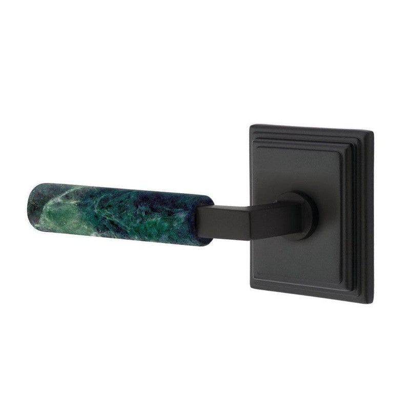 Emtek Select L-Square Green Marble Lever with Wilshire Rosette in Flat Black finish