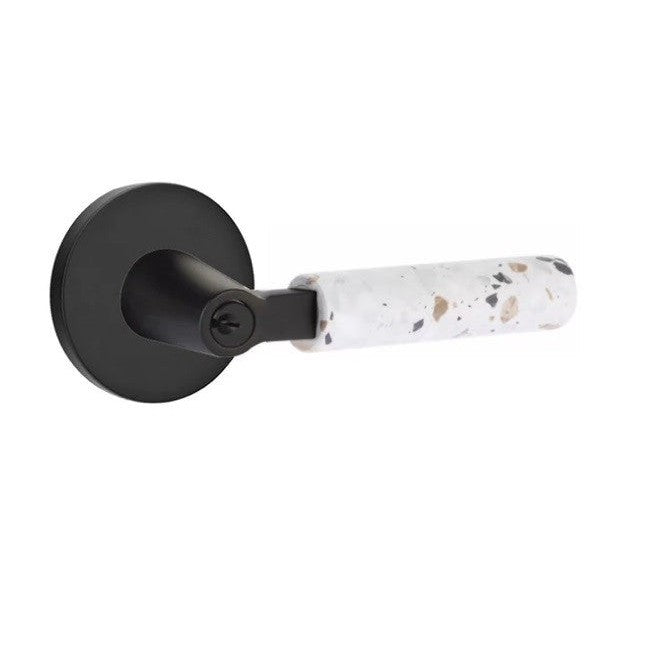 Emtek Select L-Square Terrazzo Lever with Disk Rosette in Flat Black finish