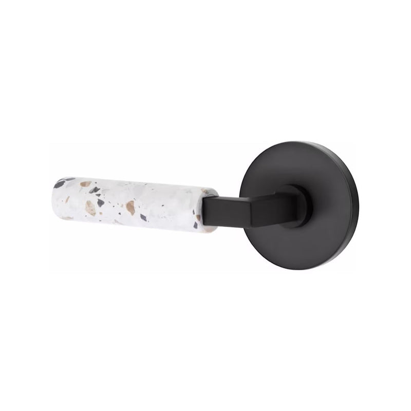 Emtek Select L-Square Terrazzo Lever with Disk Rosette in Flat Black finish