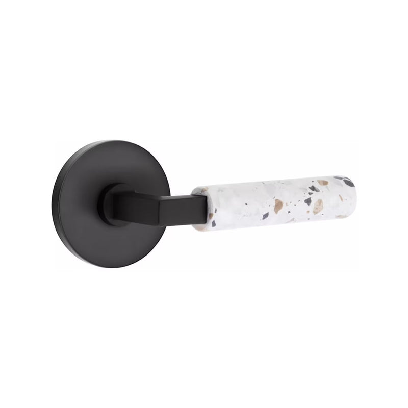 Emtek Select L-Square Terrazzo Lever with Disk Rosette in Flat Black finish