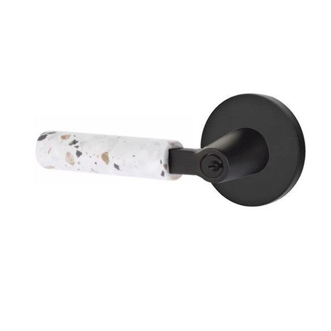 Emtek Select L-Square Terrazzo Lever with Disk Rosette in Flat Black finish