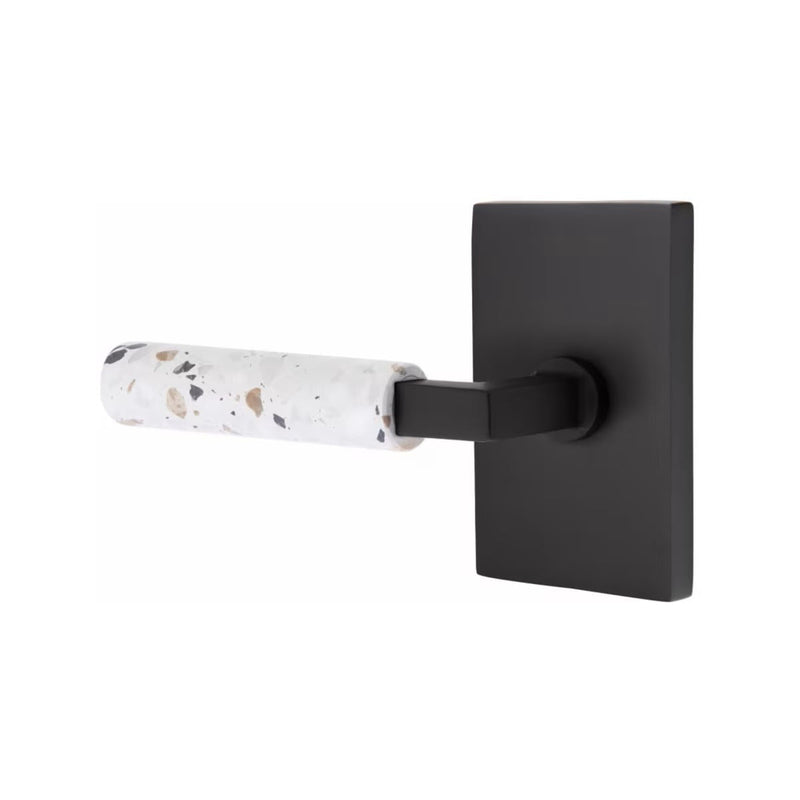 Emtek Select L-Square Terrazzo Lever with Modern Rectangular Rosette in Flat Black finish