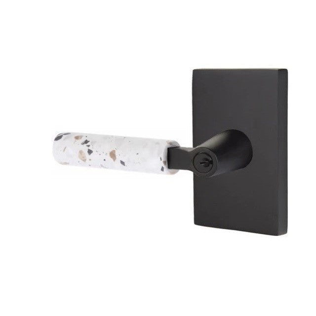 Emtek Select L-Square Terrazzo Lever with Modern Rectangular Rosette in Flat Black finish