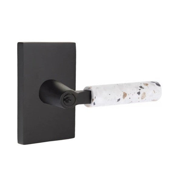 Emtek Select L-Square Terrazzo Lever with Modern Rectangular Rosette in Flat Black finish