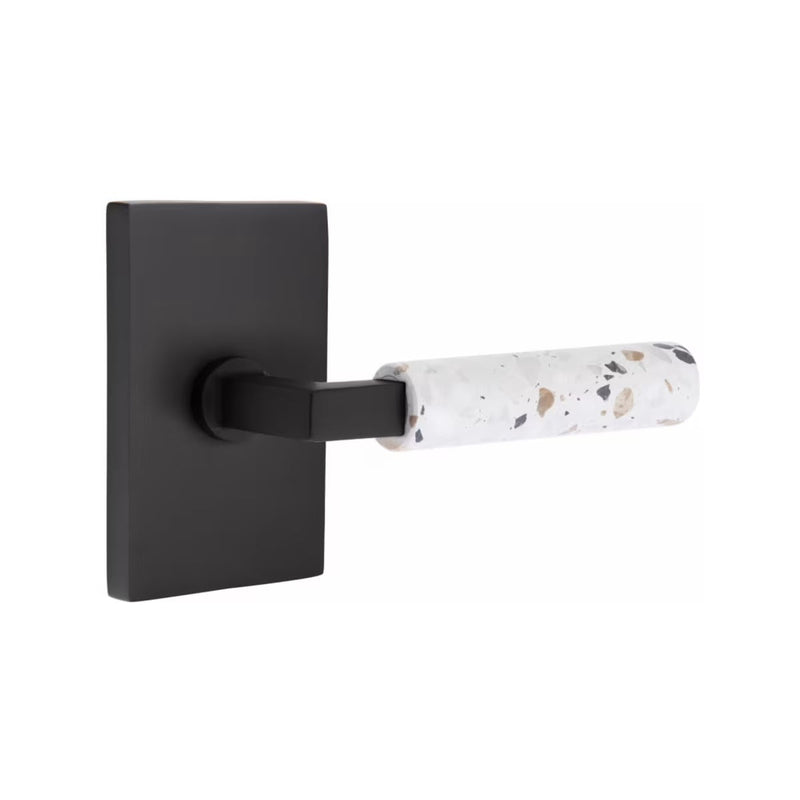 Emtek Select L-Square Terrazzo Lever with Modern Rectangular Rosette in Flat Black finish