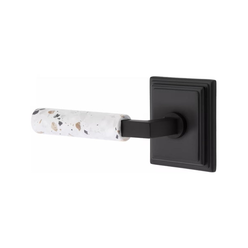 Emtek Select L-Square Terrazzo Lever with Wilshire Rosette in Flat Black finish