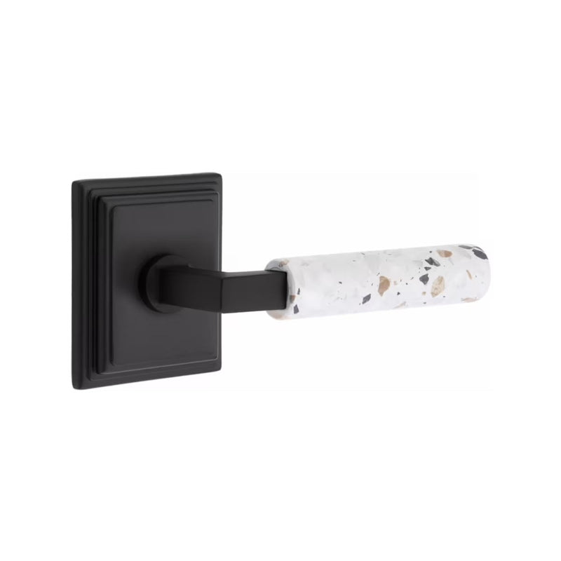 Emtek Select L-Square Terrazzo Lever with Wilshire Rosette in Flat Black finish