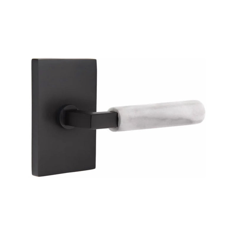 Emtek Select L-Square White Marble Lever with Modern Rectangular Rosette in Flat Black finish