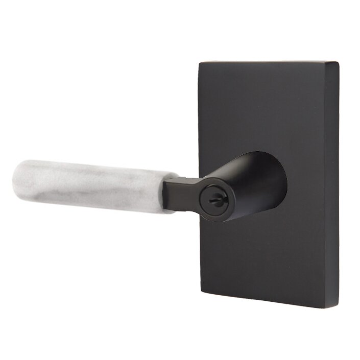 Emtek Select L-Square White Marble Lever with Modern Rectangular Rosette in Flat Black finish