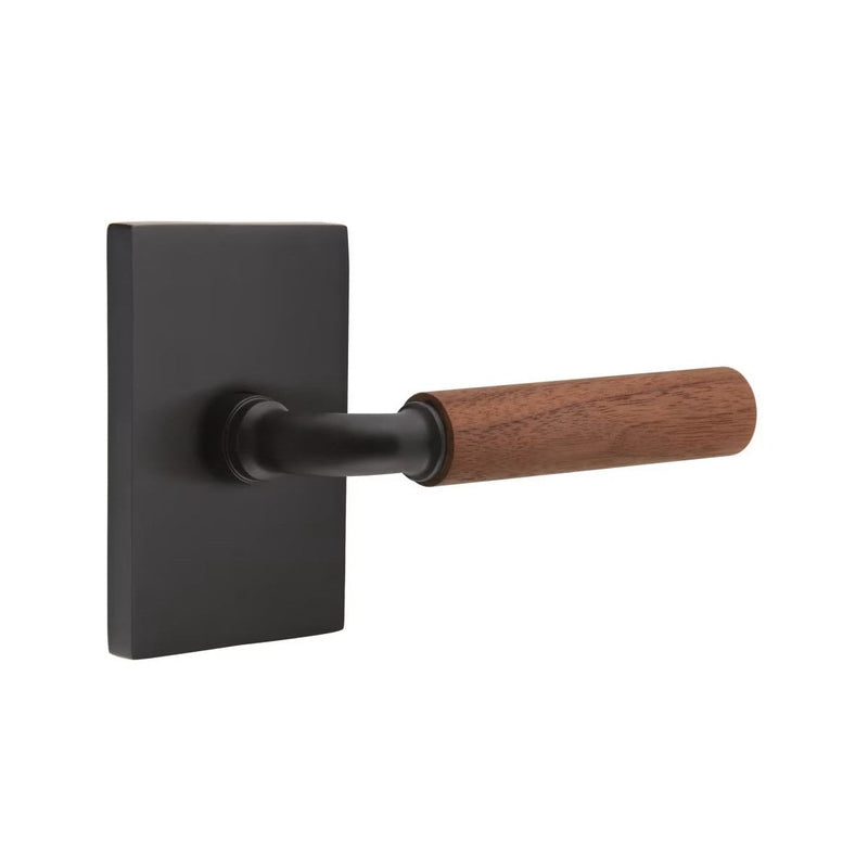 Emtek Select R-Bar Dark Walnut Lever with Modern Rectangular Rosette in Flat Black finish