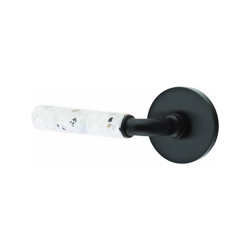 Emtek Select R-Bar Terrazzo Lever with Disk Rosette in Flat Black finish