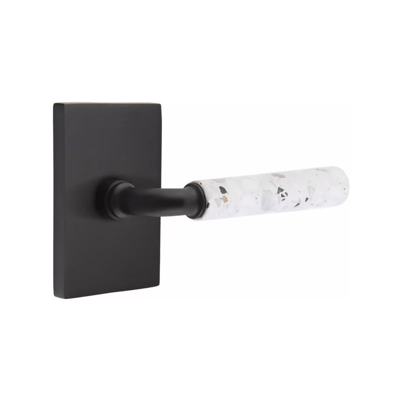 Emtek Select R-Bar Terrazzo Lever with Modern Rectangular Rosette in Flat Black finish