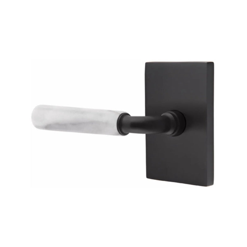 Emtek Select R-Bar White Marble Lever with Modern Rectangular Rosette in Flat Black finish