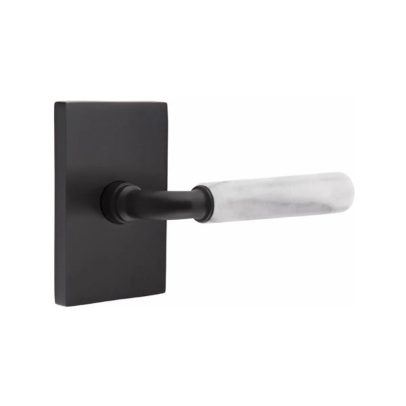 Emtek Select R-Bar White Marble Lever with Modern Rectangular Rosette in Flat Black finish