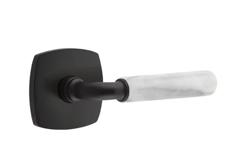 The Emtek Select R-Bar White Marble Lever with Urban Modern Rosette in Flat Black finish.