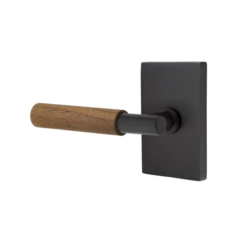 Emtek Select T-Bar Dark Walnut Lever with Modern Rectangular Rosette in Flat Black finish