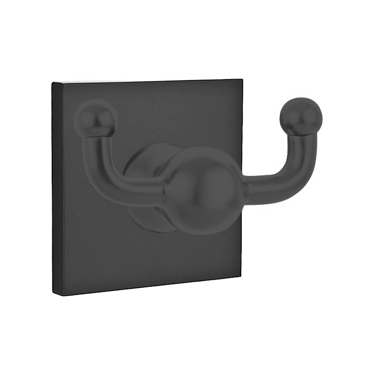 Emtek Traditional Brass Double Robe Hook With Square Rosette in Flat Black finish