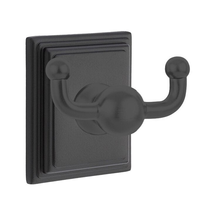Emtek Traditional Brass Double Robe Hook With Wilshire Rosette in Flat Black finish