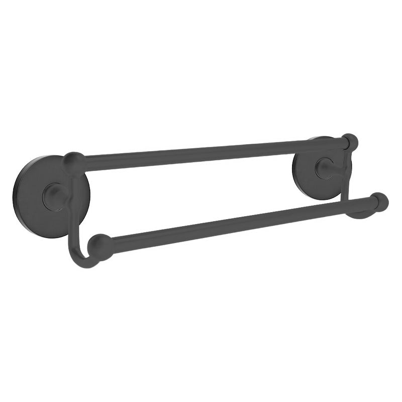 The Emtek Traditional Brass Double Towel Bar with Small Disc Rosette in Flat Black finish.