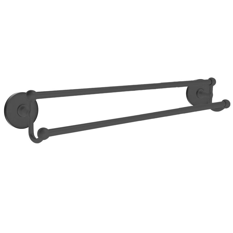 The Emtek Traditional Brass Double Towel Bar with Small Disc Rosette in Flat Black finish.