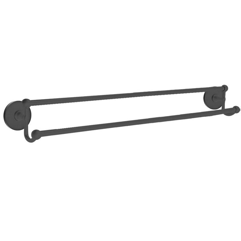 The Emtek Traditional Brass Double Towel Bar with Small Disc Rosette in Flat Black finish.