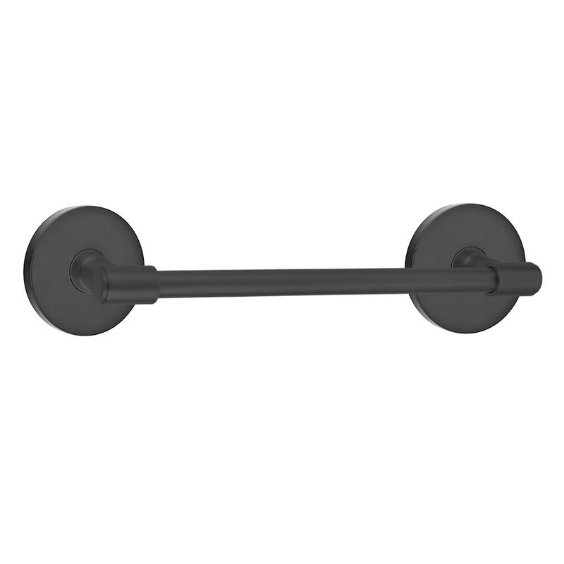 The Emtek Transitional Brass Towel Bar with Disk Rosette in Flat Black finish.