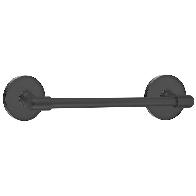 The Emtek Transitional Brass Towel Bar with Disk Rosette in Flat Black finish.