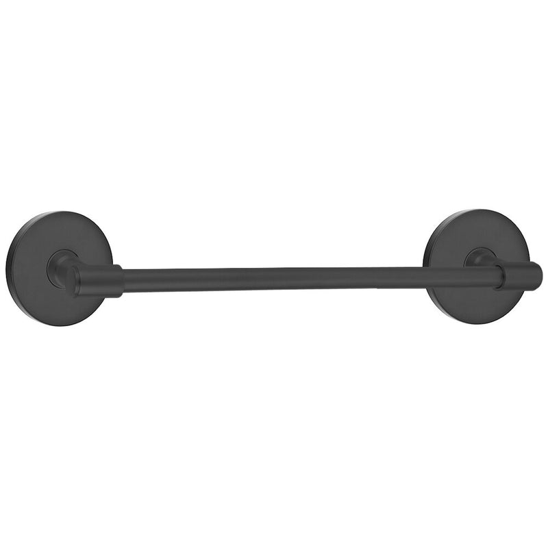 The Emtek Transitional Brass Towel Bar with Disk Rosette in Flat Black finish.