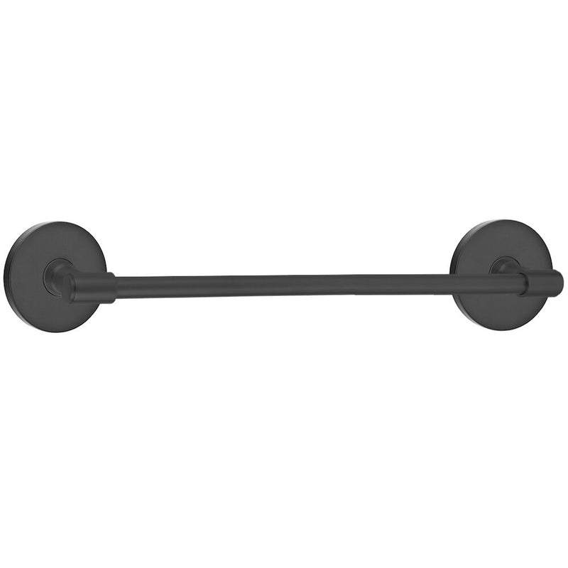 The Emtek Transitional Brass Towel Bar with Disk Rosette in Flat Black finish.