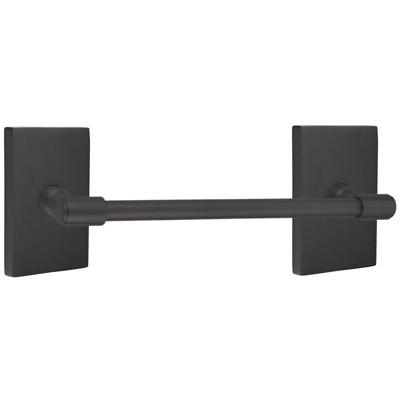 The Emtek Transitional Brass Towel Bar with Modern Rectangular Rosette in Flat Black finish.