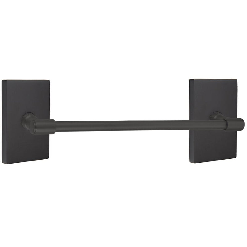 The Emtek Transitional Brass Towel Bar with Modern Rectangular Rosette in Flat Black finish.