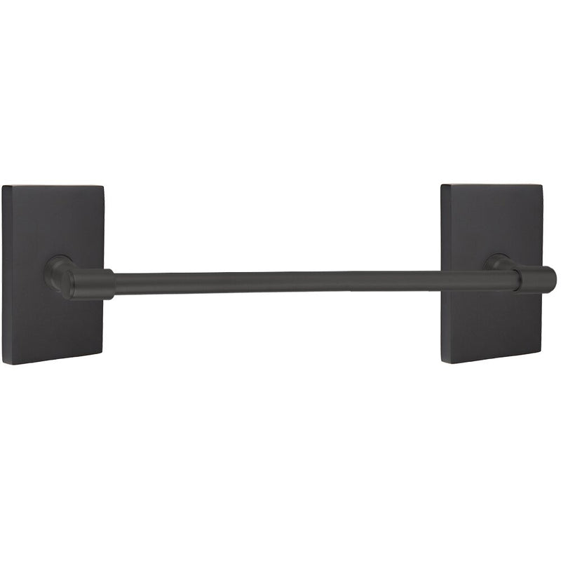 The Emtek Transitional Brass Towel Bar with Modern Rectangular Rosette in Flat Black finish.