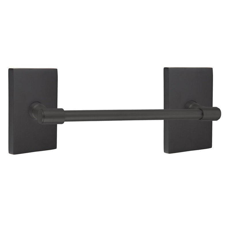 The Emtek Transitional Brass Towel Bar with Modern Rectangular Rosette in Flat Black finish.