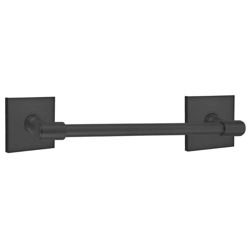 The Emtek Transitional Brass Towel Bar with Square Rosette in Flat Black finish.