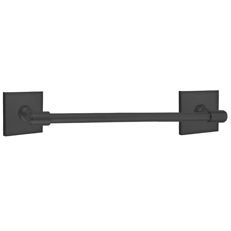 The Emtek Transitional Brass Towel Bar with Square Rosette in Flat Black finish.