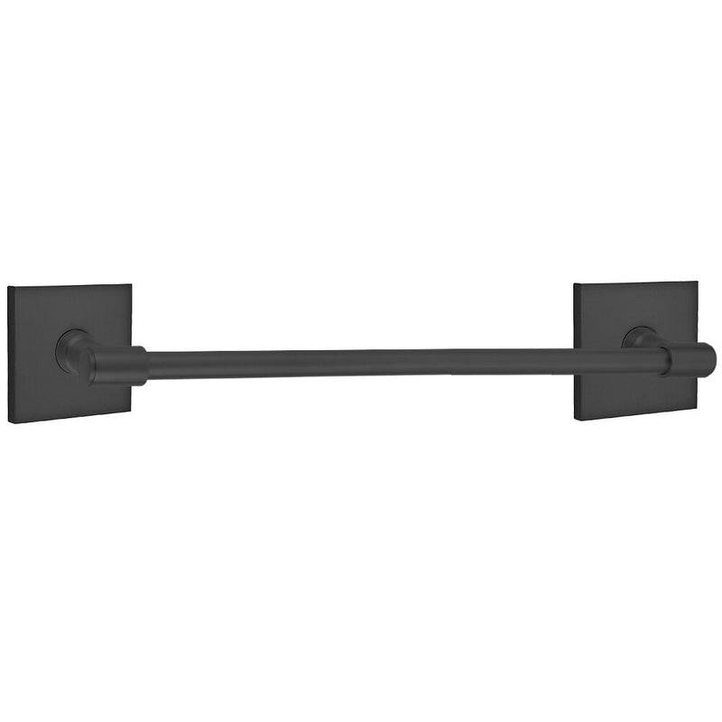 The Emtek Transitional Brass Towel Bar with Square Rosette in Flat Black finish.