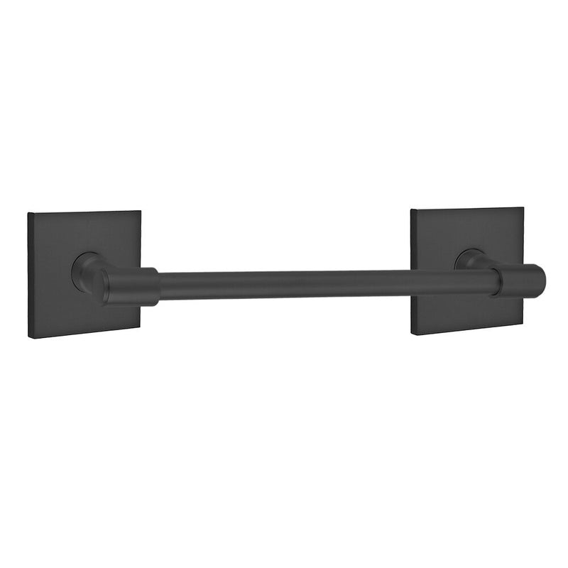 The Emtek Transitional Brass Towel Bar with Square Rosette in Flat Black finish.