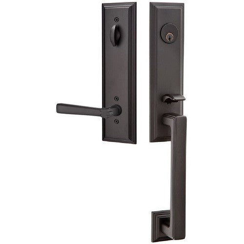 Emtek Wilshire Tubular Entrance Handleset With Arts & Crafts Lever in Flat Black finish