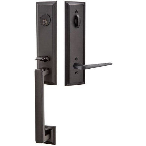 Emtek Wilshire Tubular Entrance Handleset With Athena Lever in Flat Black finish