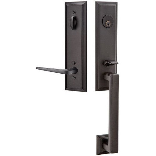 Emtek Wilshire Tubular Entrance Handleset With Athena Lever in Flat Black finish